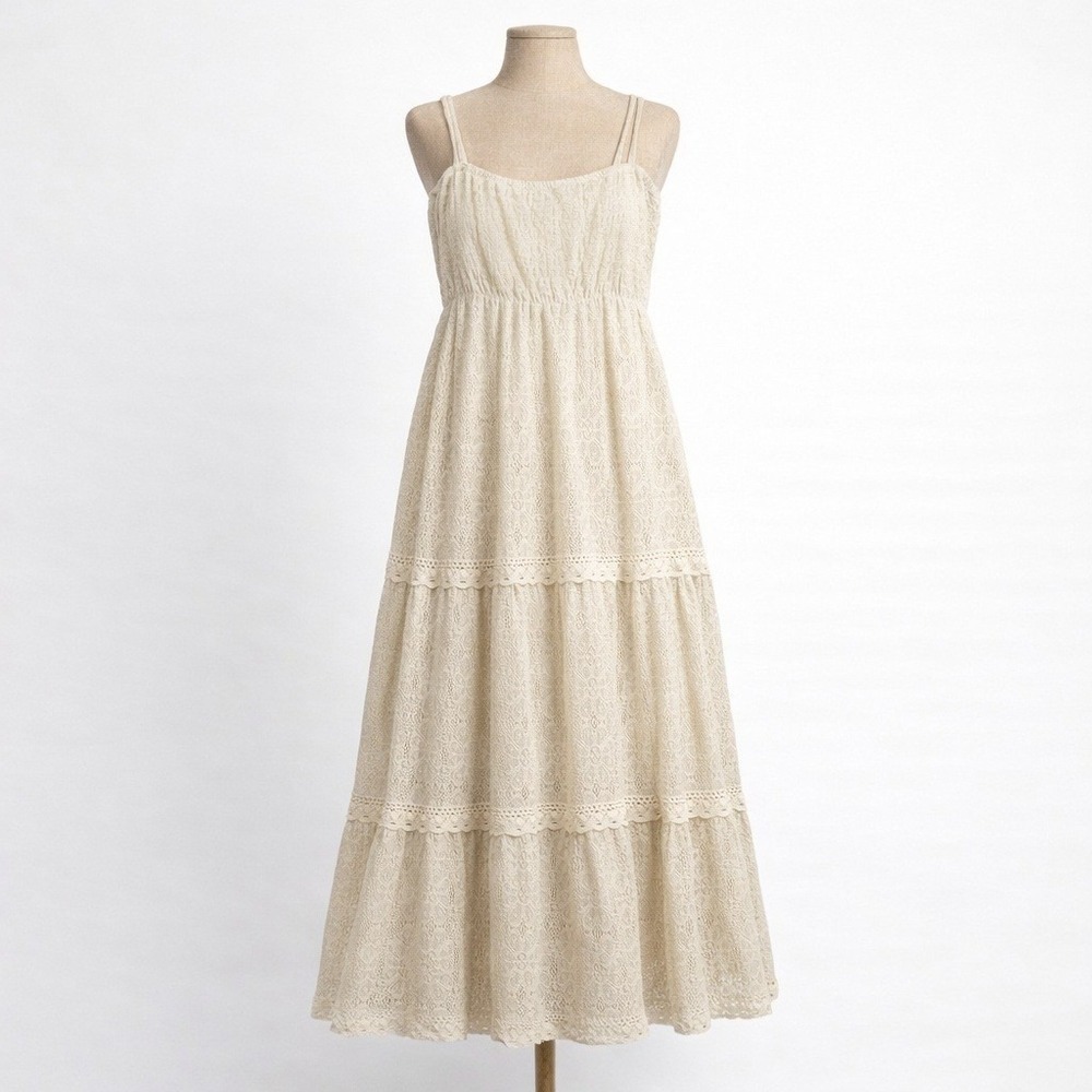 Forever 21 Boho Lace Crochet Tiered Maxi Dress Sz M Peasant Cottagecore Prairie